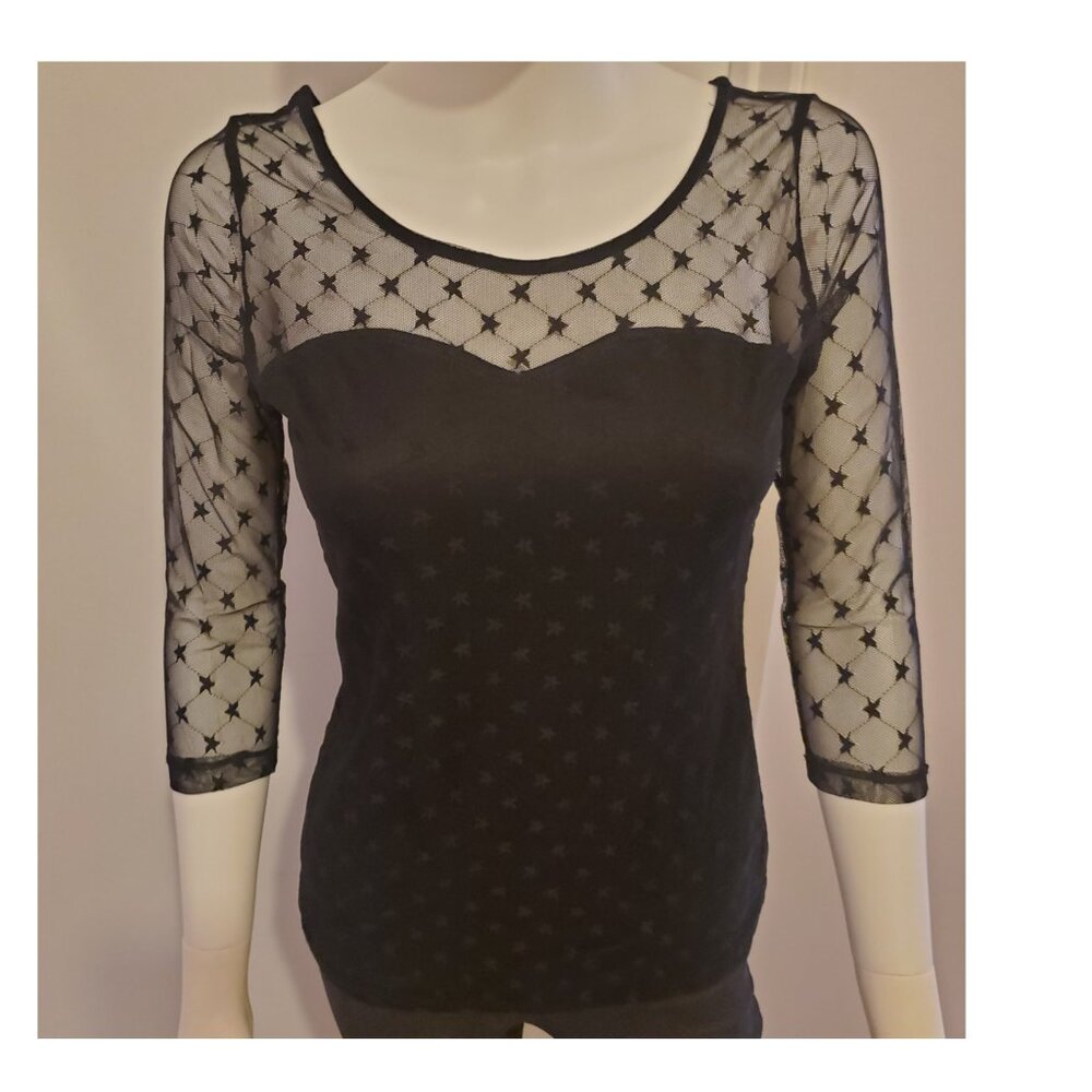 Black Suzy Shier Top With Mesh Overlay and Star Design